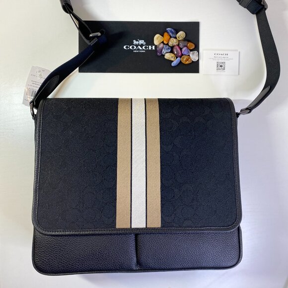 NWT COACH Thompson Map Bag Jacquard With Varsity Stripe Black Leather Snap C5387